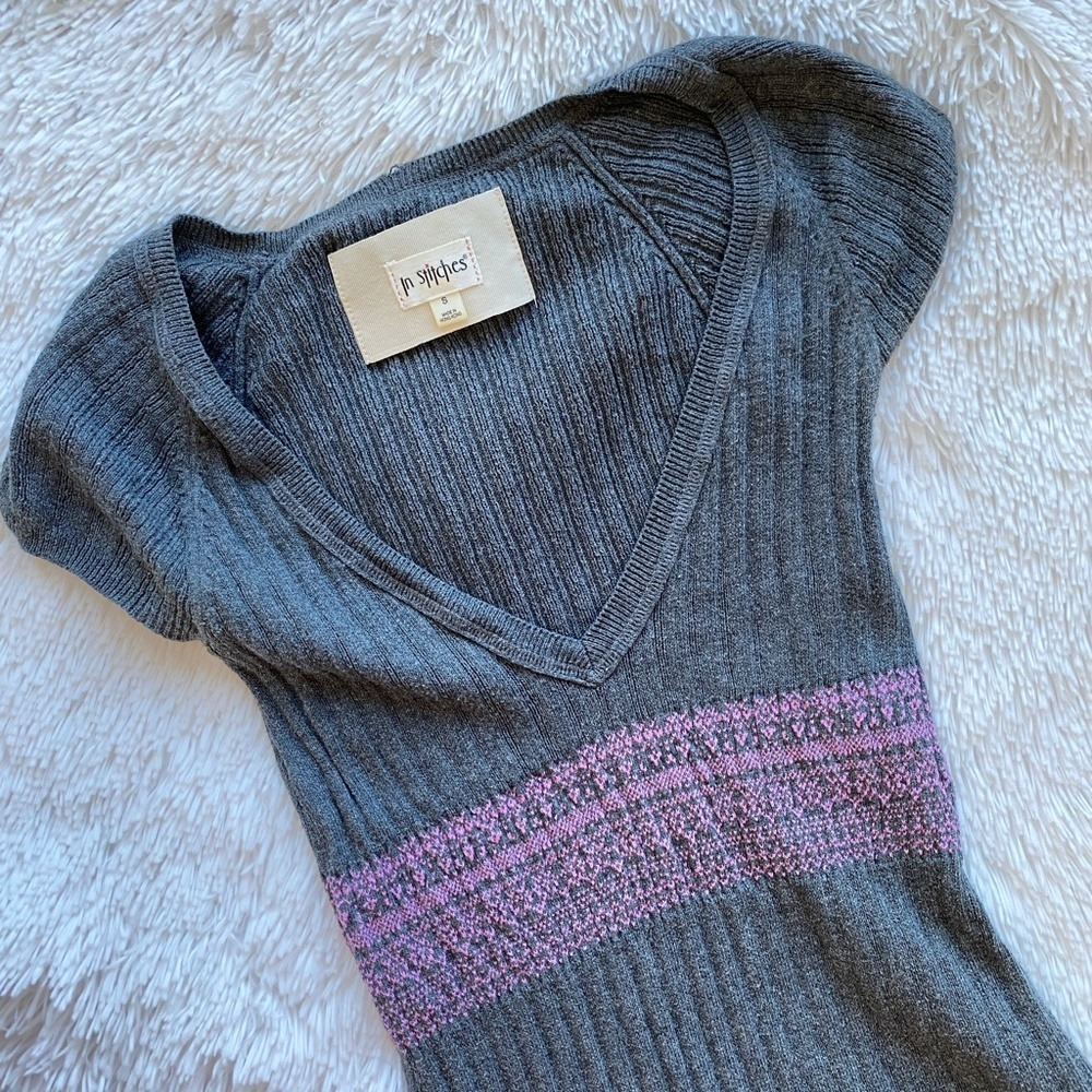 IN STITCHES Women's Gray Short Sleeve Ribbed Knit Top Shirt Small S